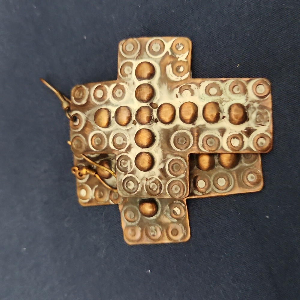 Cross Earrings metal copper looking with beaded cross in the middle